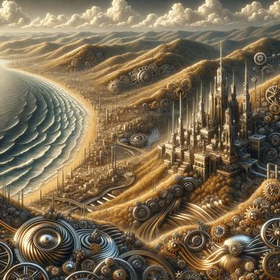 The primary subject of the image is a large, intricate, and detailed illustration of a cityscape. The setting is a beach with a sandy shore, and the background features a sky with clouds. The visual style is a combination of digital art and illustration, creating a unique and captivating scene. The colors and mood of the image are predominantly warm and inviting, with a touch of whimsy and creativity.